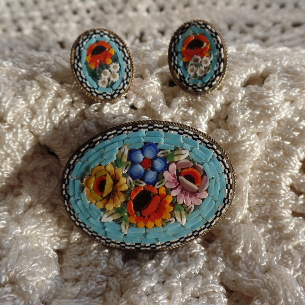Vintage Italian Micro Mosaic Floral Brooch Pin & Clip-On Earrings SET
